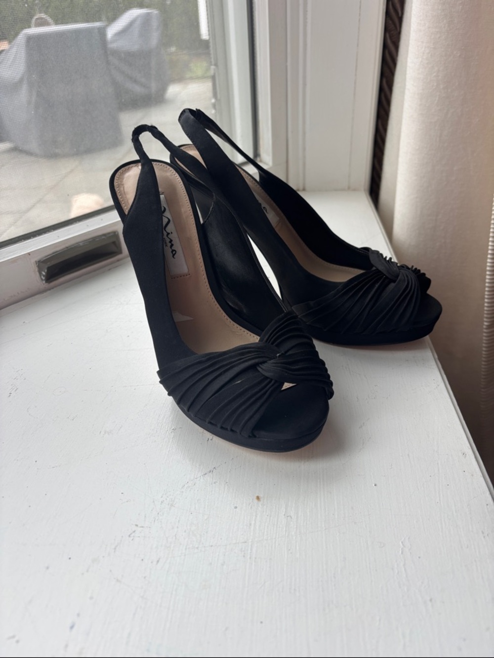 Nina Black Knotted Slingback Peep-Toe Heels